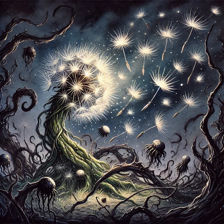Surreal dandelion seeds floating in a night sky with twisted branches - representing the journey of critical thinking cultivation