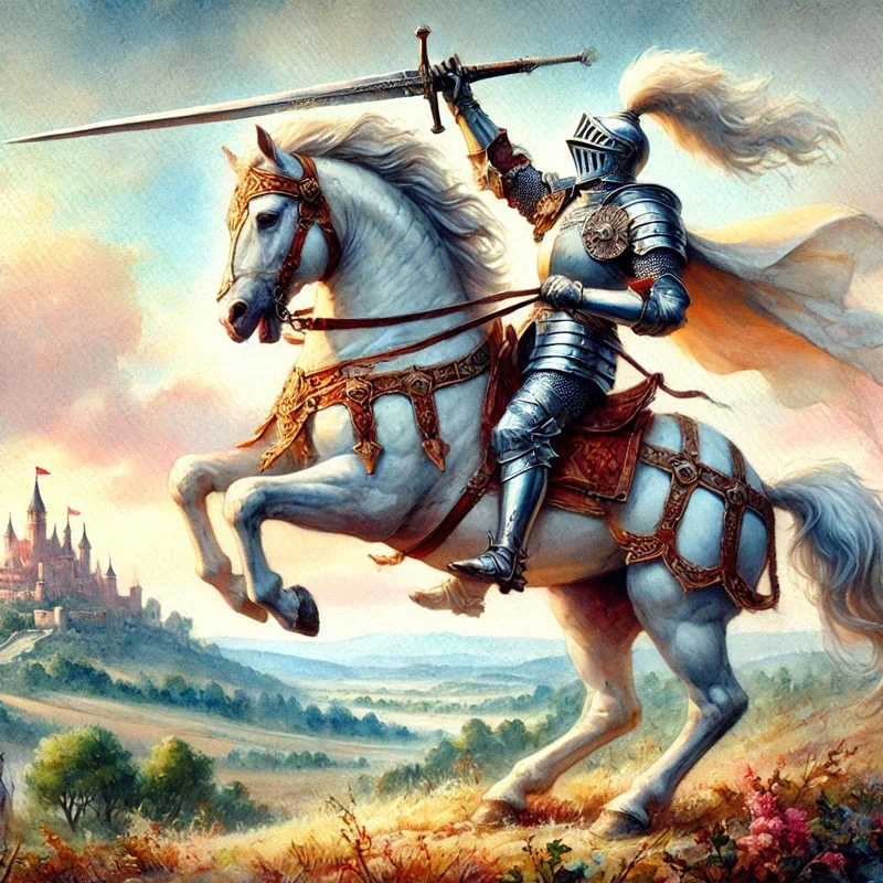 Valiant knight on a rearing white horse, symbolizing mental resilience and the strength to combat manipulation through critical thinking in the digital landscape