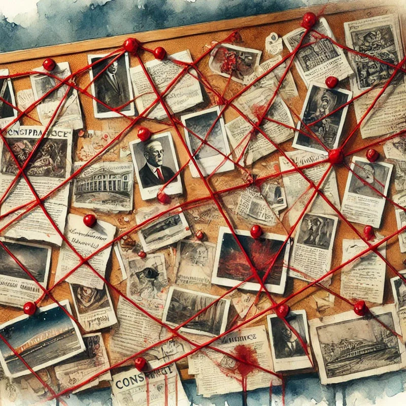 Cluttered corkboard with photos, documents, and newspaper clippings interconnected by red strings, illustrating the complex web of conspiracy theories that challenge critical thinking