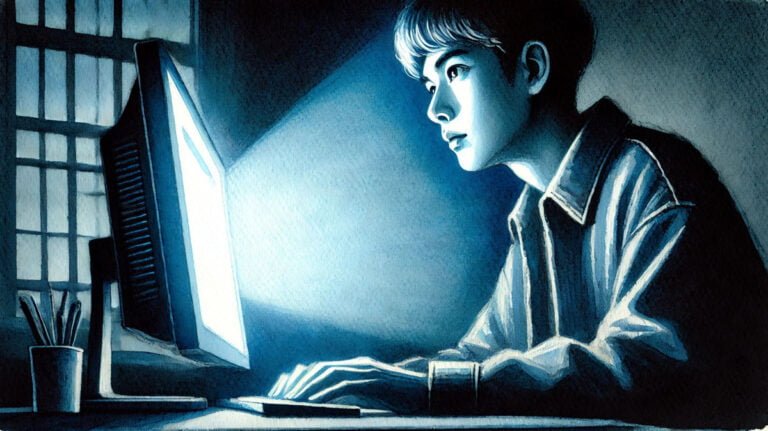 Young person illuminated by computer screen, illustrating the influence of social media algorithms