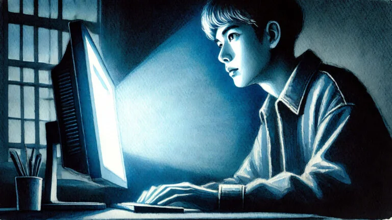 Young person illuminated by computer screen, illustrating the influence of social media algorithms