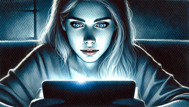 Woman illuminated by phone screen, appearing mesmerized by something onscreen, illustrating ethical concerns of social media algorithms