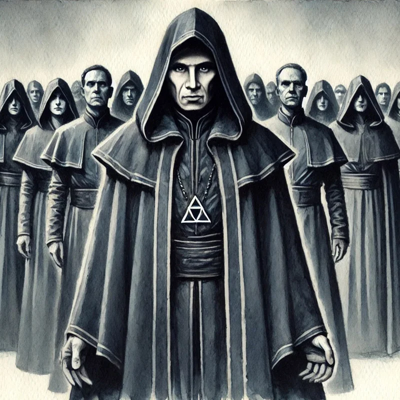 Ominous group of hooded figures led by a stern charismatic leader wearing a triangular symbol, illustrating cult dynamics and control mechanisms, which challenge the ability to think critically