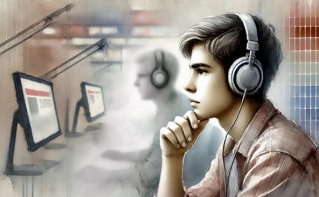 Young person wearing headphones, symbolizing critical listening skills